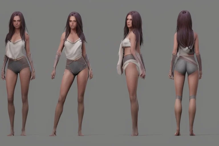 Female stylized character sheet for 3d modeling full normal anatomy correct proportion Full front view side view and back anatomy .art station 8k fair skin