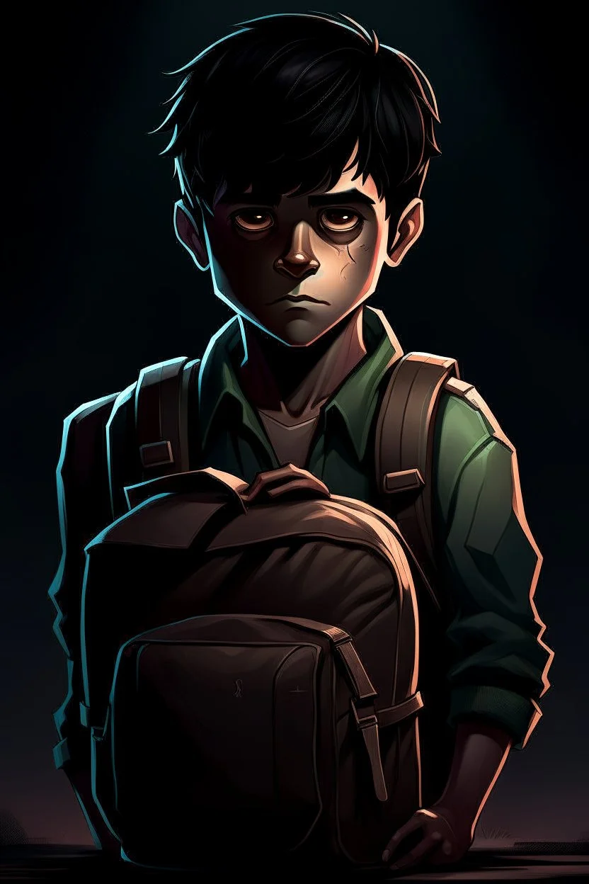 gimme a book cover photo which a boy 11 year old with dark hair in the dark with a backpack who is dead
