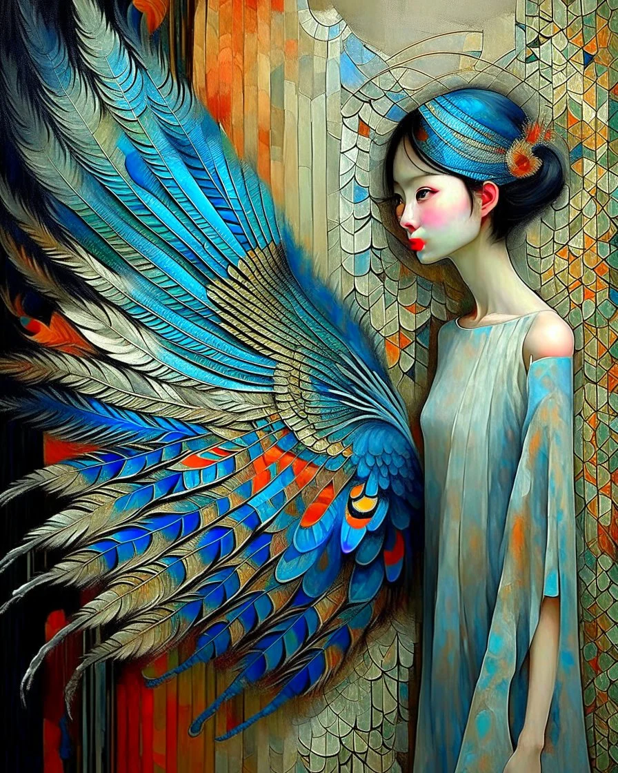 Minimalist abstract artwork in mixed media, depicting a woman with wings like a peacock's fanned plume, radiating as a colorful aura. Contemporary, minimalistic, and surreal, conveying enlightenment, discovery, and exhilaration. Influenced by Jacek Yerka and Richard Burlet, with subtle textures and a sophisticated palette of muted neutrals, deep blues, and striking red accents. Visionary and esoteric, with an emotional, mystical quality.