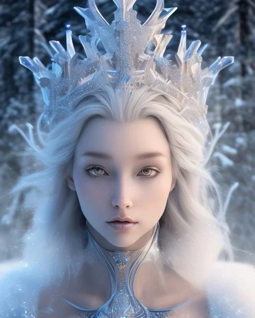 gorgeous goddess of ice and snow wearing a crystalline ice crown and standing next to a beautiful gray wolf, 8k resolution, centered, high-quality, fine-detail, iridescent, intricate, digital art, detailed matte, volumetric lighting, beautiful, illustration, 3D octane render, margaret weiss, brian froud, howard lyon, selina french, anna dittmann, annie stokes, lisa parker, greg rutowski,