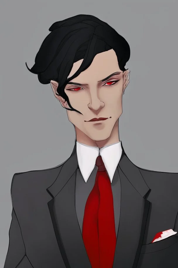 Realistic, red eyes, light skin, short black hair, red earring, suit and tie clothing, gloves on hand