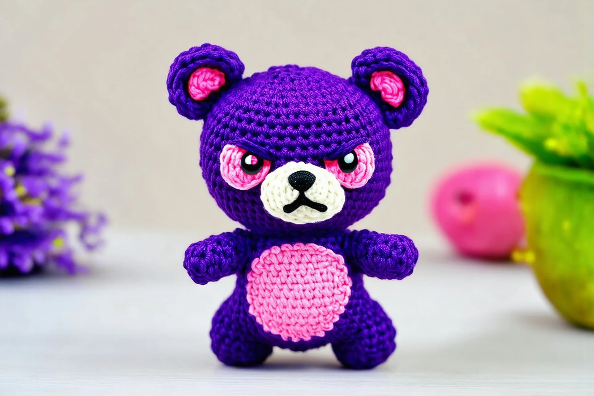 horror creepy, and angry purple small bear in amigurumi, pink eyes