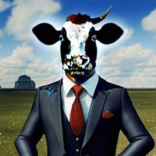 A cow wearing a suit and tie