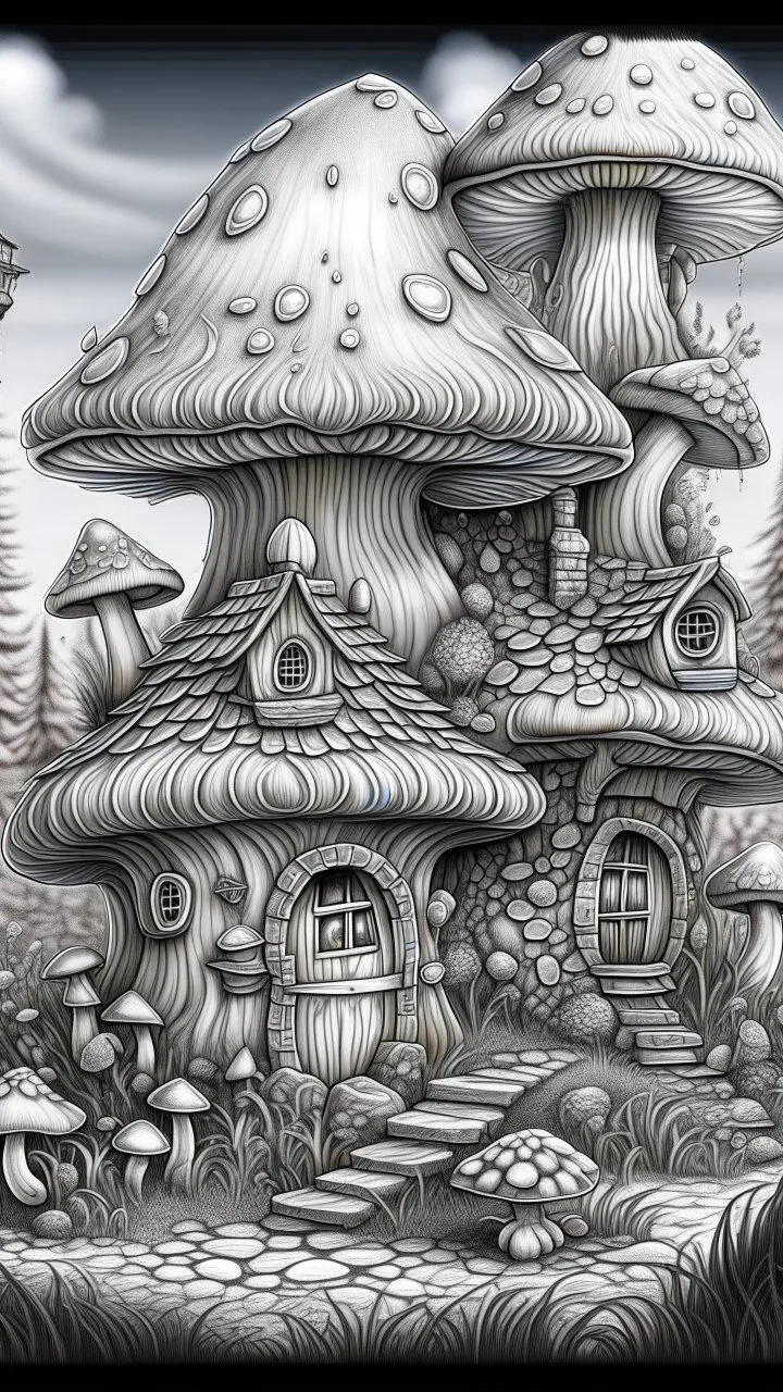 Mushroom Houses Coloring Book for Adults and Kids, Instant