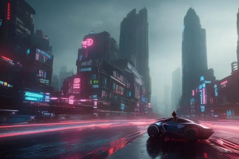 3D, beautiful, light reflecting, empty future city at night, rainy night, neon, cyberpunk, tron, person with helmet walking, 8k, finely detailed, photo realistic