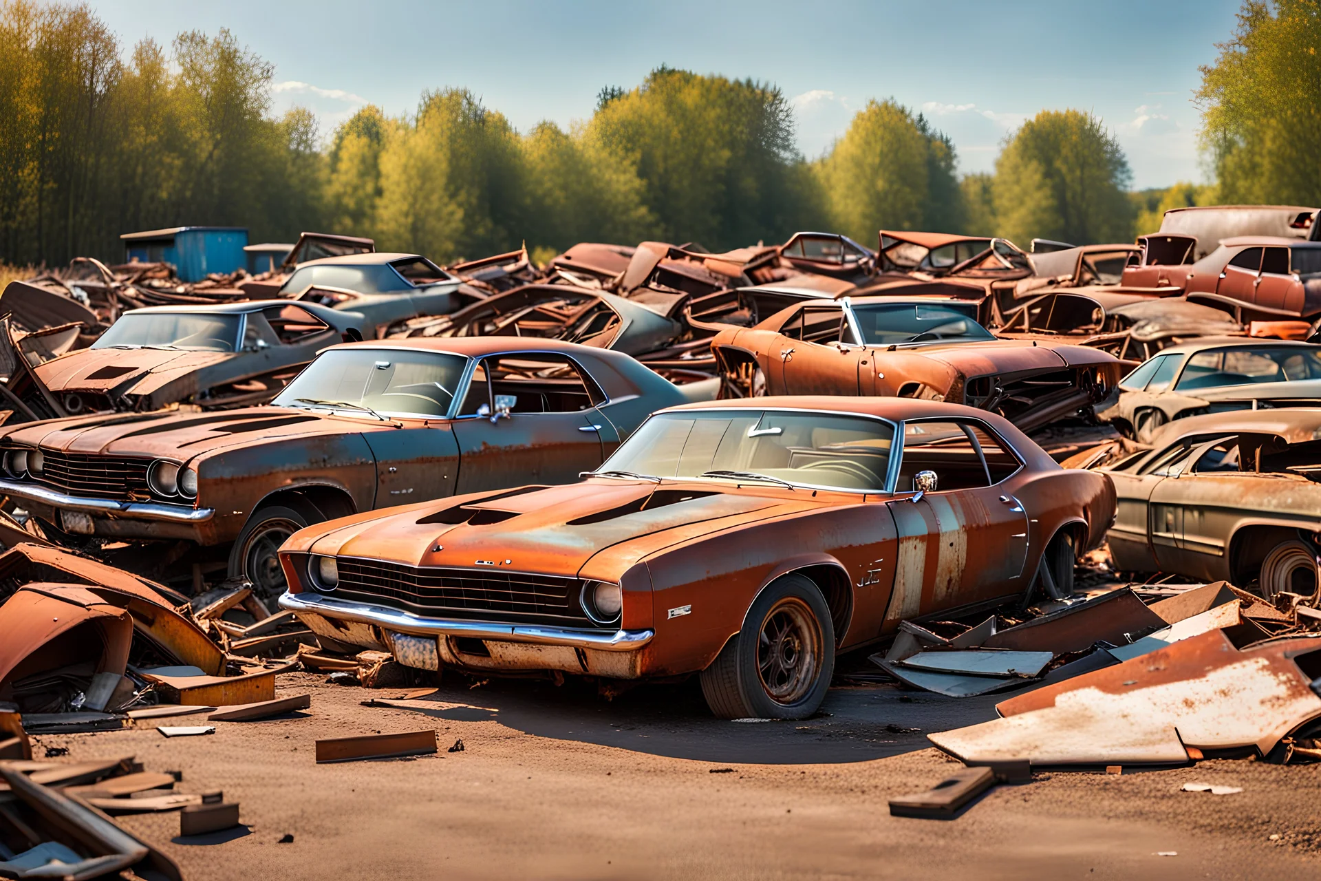 Fotorealistisch endloser menschenleerer Schrottplatz mit aufeinander gestapelten verrosteten Autowracks zahlloser Chevrolet Camaro zwischen 1967 und 1981 im warmen Sommerlicht