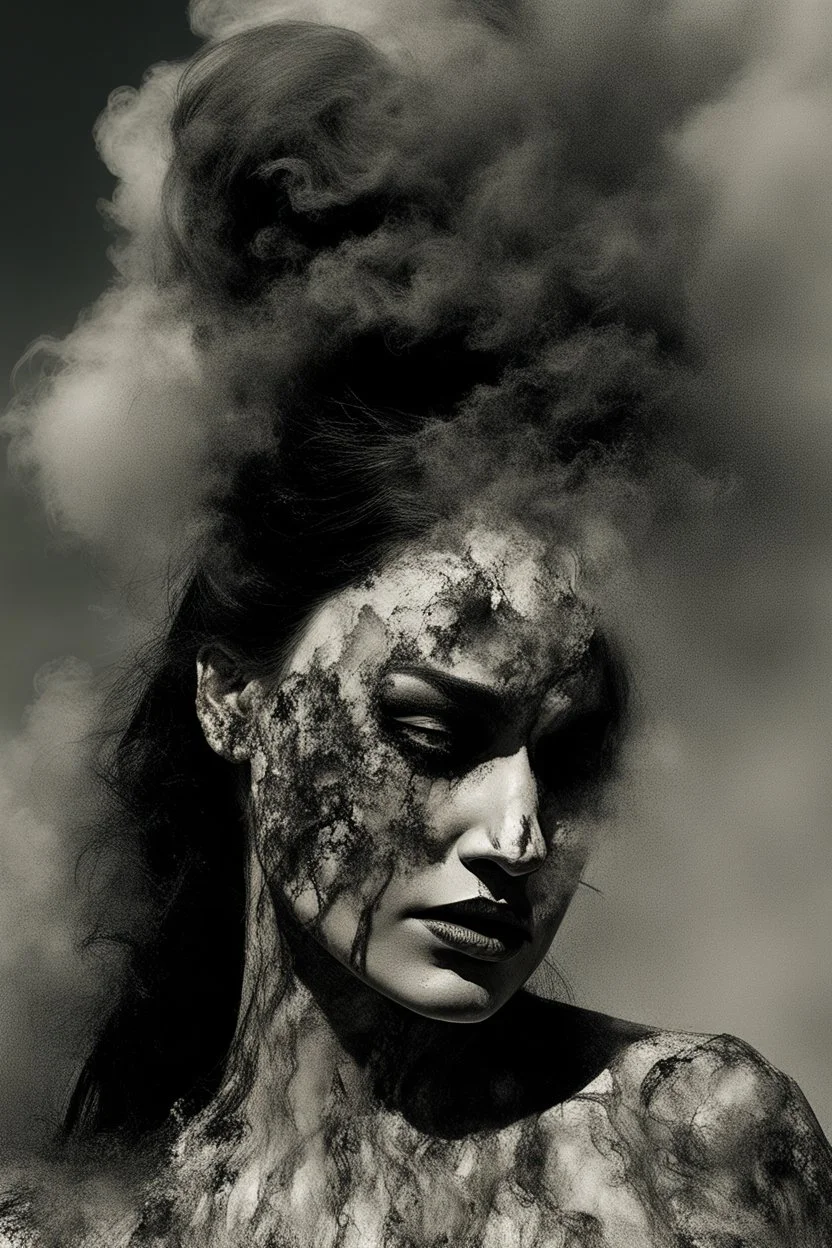 Double-masking photography, an angry goddess formed from the smoke of a 2005 dodge ram slt cummins pickup truck, goddess Earth crying, from the smoke exits a 2005 dodge ram slt cummins pickup truck , black smoke, fire, acid rain, by Dan Mountford, by Dan Hillier, negative space, intricate details, photo illustration, 100 mm lens, cinematic scenes, ink art, blink-and-you-miss-it detail