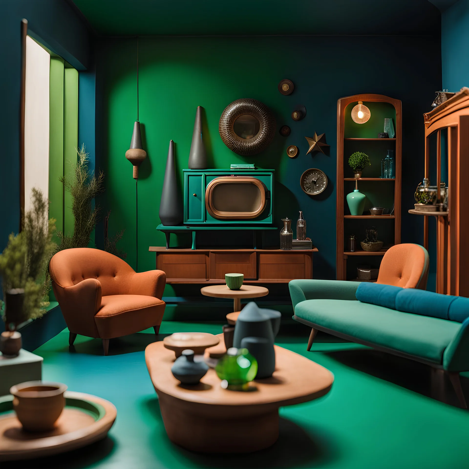 Detailed cozy living-room made of modeling clay, furnitures, naïve, TV studio 1950's shot, extreme detail, Max Ernst, green and blue moody colors, sparkles, Yves Tanguy, odd