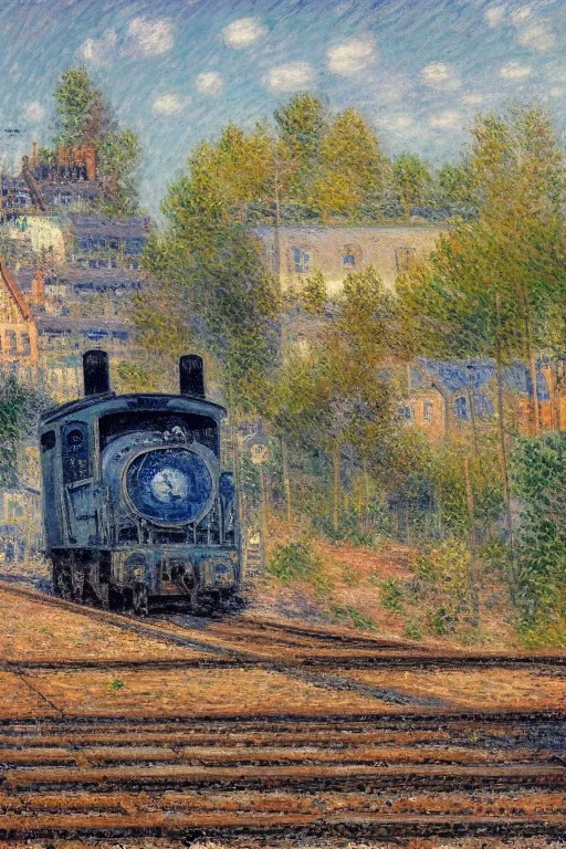 Insanely detailed cyberpunk, technopunk, steampunk train on a train track, high contrast, Impressionist landscape, Impressionist painting, Alfred Sisley, Pierre-August Renoir, Claude Monet, Robert Hagan, textured paint, luminism, hyperrealism, fine art CorporateMemphis