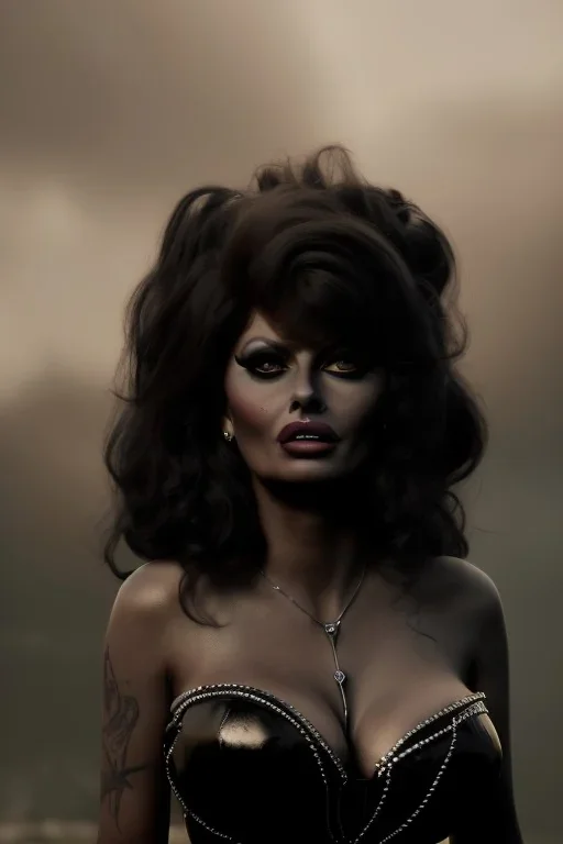 young sophia loren as evil queen in black leather, angry, stern look, volumetric lighting, particales,highly detailed,cinematic, deep colours,8