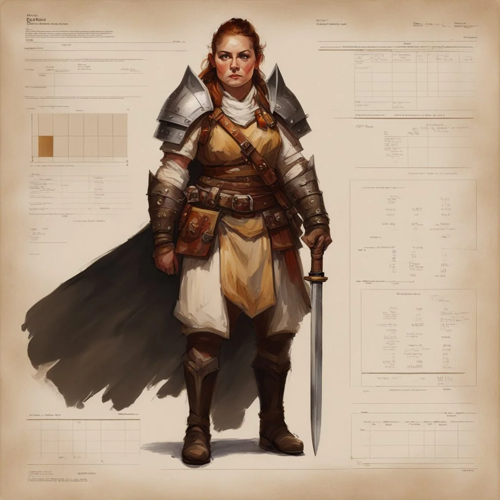 ConceptSheet [by Guy Borremans]: woman dwarf warrior and her laxe with AD&D statistics