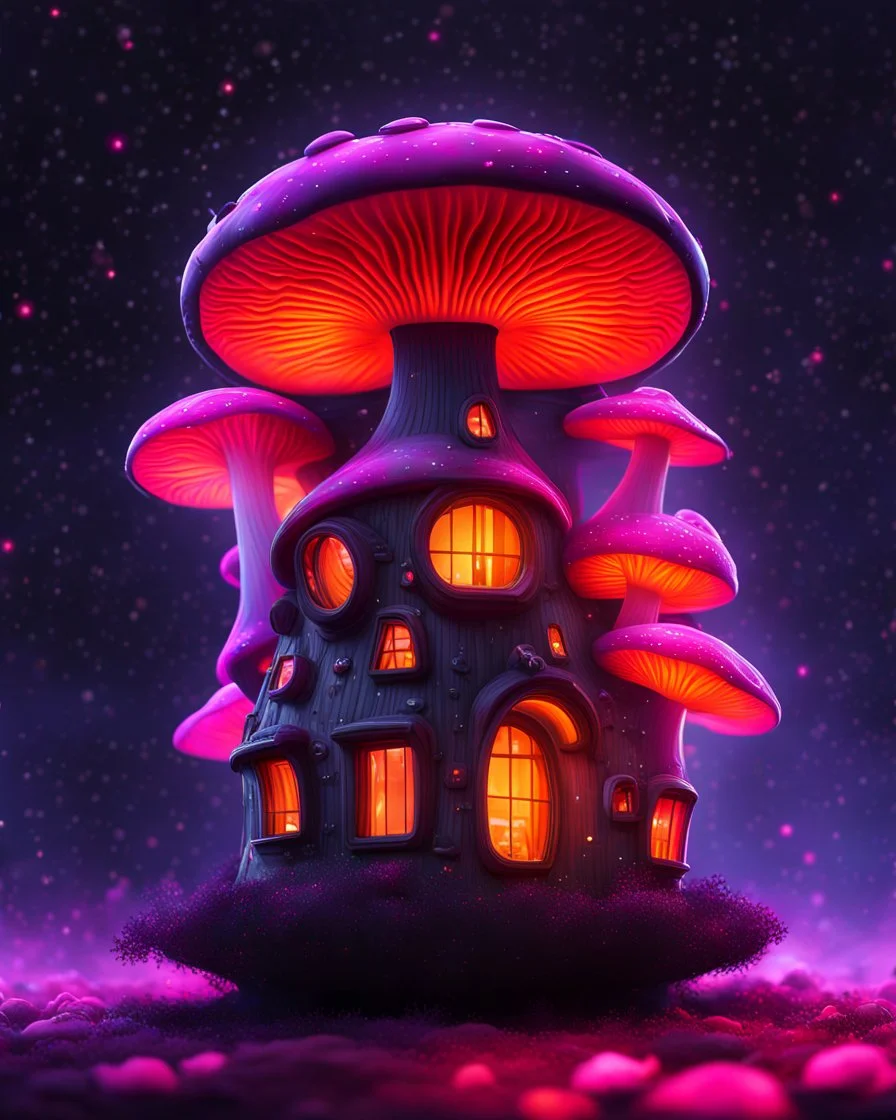 An illogical floating mushroom house on a clear moonless night. . Bright Bold Bright Colors, pink orange white, Starry Dark cosmic interstellar. Detailed Matte Painting, deep color, fantastical, intricate detail, splash screen, hyperdetailed, insane depth, concept art, 8k resolution, trending on Artstation, Unreal Engine 5, color depth, backlit, splash art, dramatic, High Quality Whimsical Fun Imaginative Bubbly, perfect composition