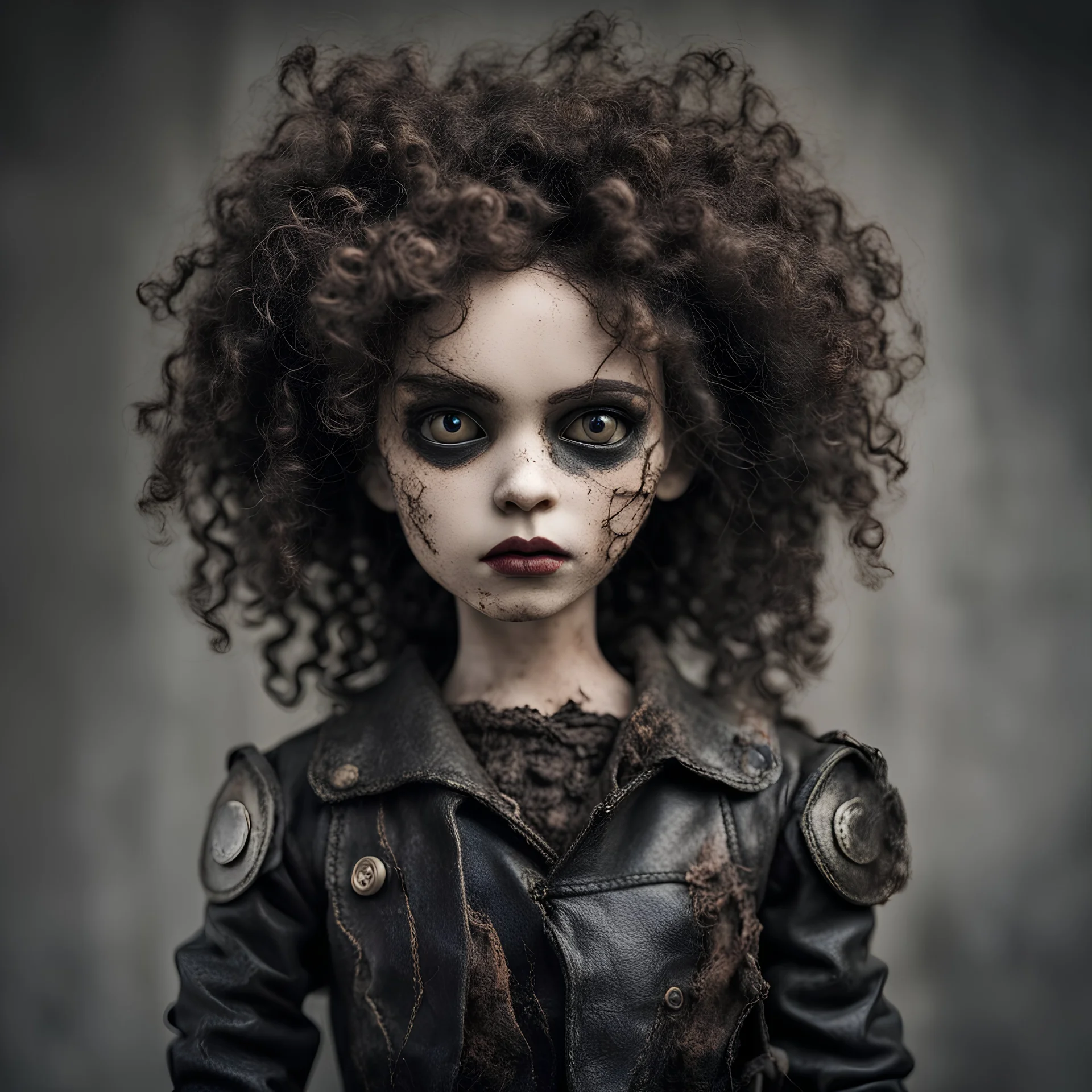 full color, illustration of a dark, menacing, curly haired, black leather clad motorcycle girl, tall and willowy , as a decayed, broken, crude homemade cloth doll toy, with a cracked porcelain face, thick dark eyebrows, hair made from ragged strips of cloth, in the style of Nadya Sheremet, shot with Sony Alpha a9 Il and Sony FE 200-600mm f/5.6-6.3 G OSS lens, natural light, hyper realistic photograph, ultra detailed -ar 3:2 -q 2 -s 750