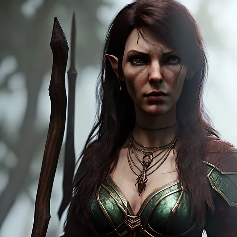 dungeons and dragons, female wood elf, druid, brown hair, brown eyes, full body, realistic face, short hair, large nose, closed mouth, leather armor, one person, blue scarf