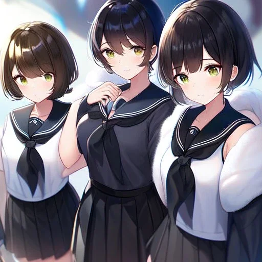 Clear focus, High resolution, fluffy black short hair, dark green eyes, wearing a black sailor uniform and pleated black skirt, fluffy hair, detailed outfit