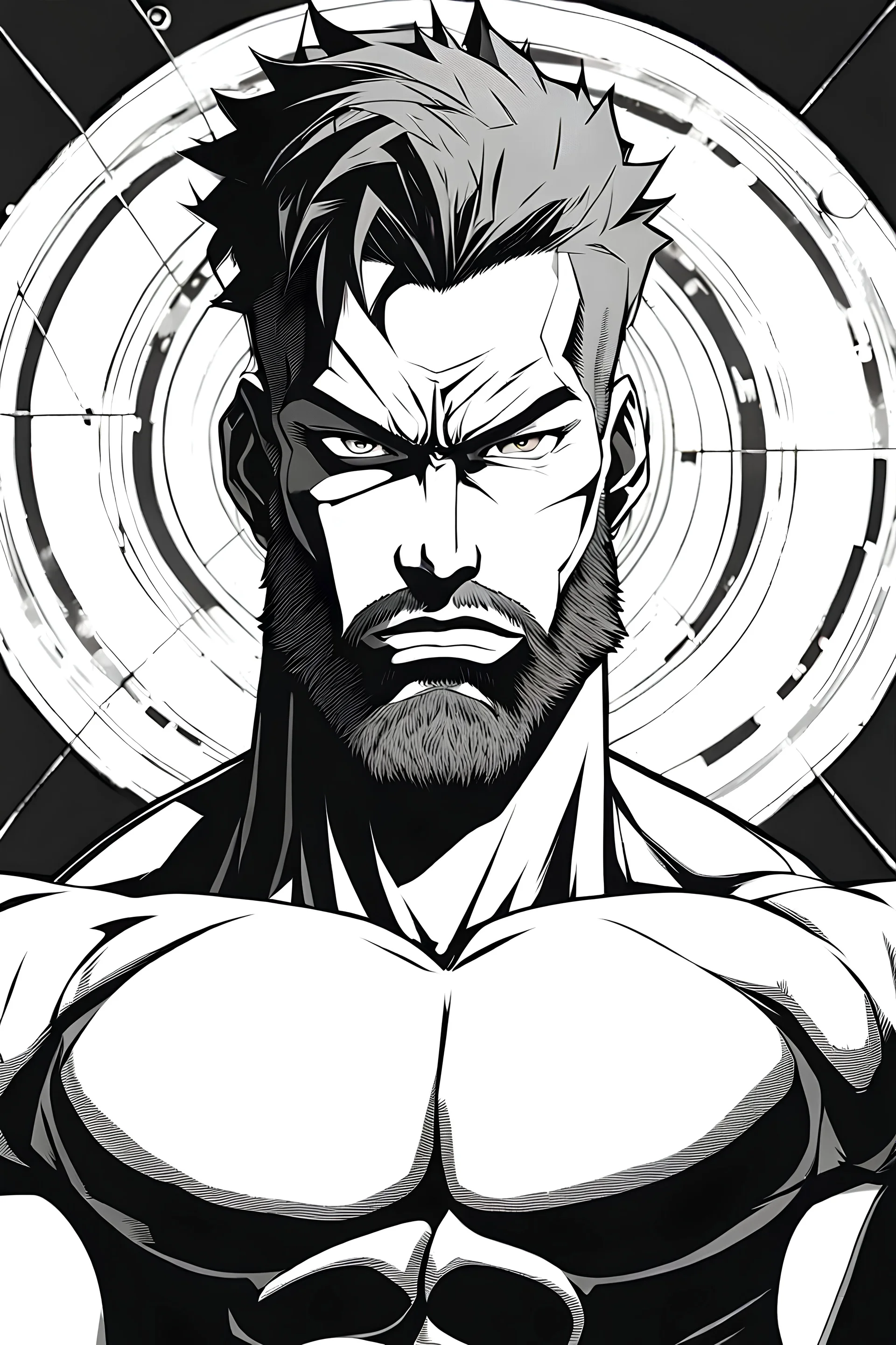 In a monocromatic black background put an anime-style full body picture of a man of average size and muscles with small black circled beard and medium size hair, black eyes, big nose, wearing a full black t-shirt