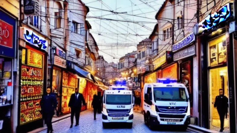 A police Tesla Cybertruck is chasing a Tesla 'Model S Plaid' at top speed, across the 'Grand Bazaar', in Istanbul, Turkey. CINEMATIC. WIDE ANGLE LENS. PHOTO REAL.