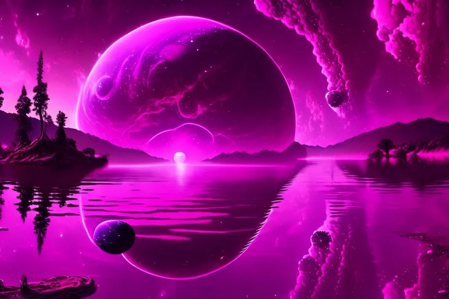 fushsia sky, planet in the sky, lake, sci-fi, mountains, galactic cosmic influence