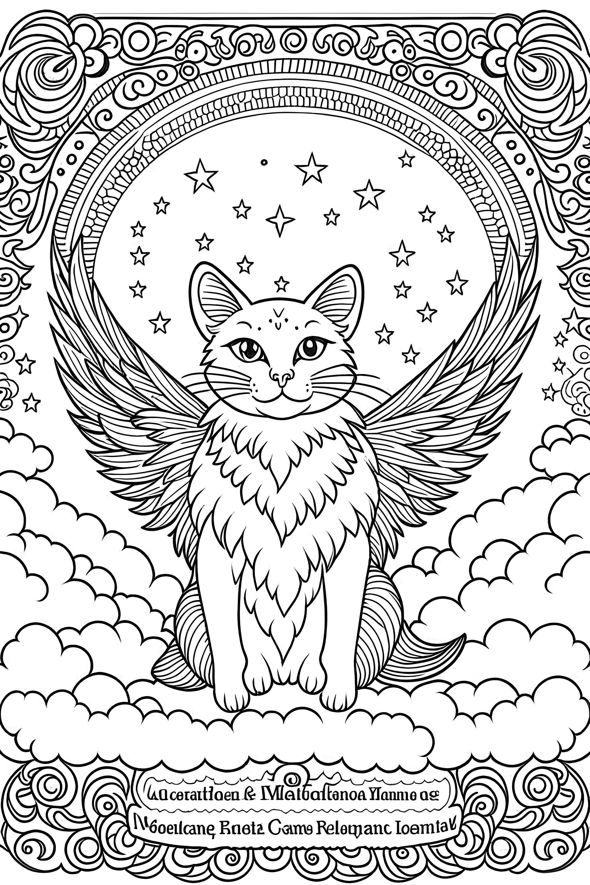 create a coloring page that Illustrate a cat with angelic wings, surrounded by celestial clouds and stars. full image