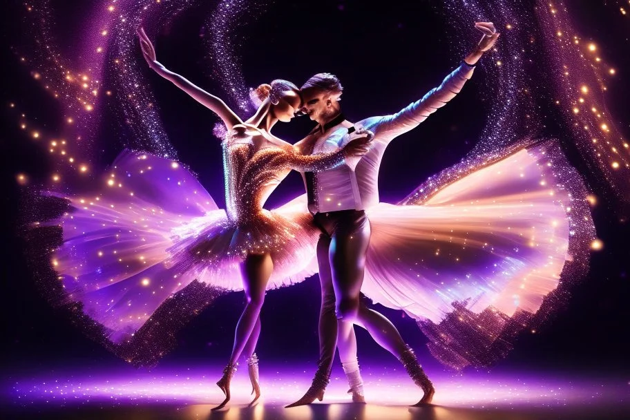 very beautiful a ballet male and female dancers couple in very pretty clothing dancing ,hyper realistic ,disco lights,very luxury dance stage ,with nice light sources and devices in stage, close up