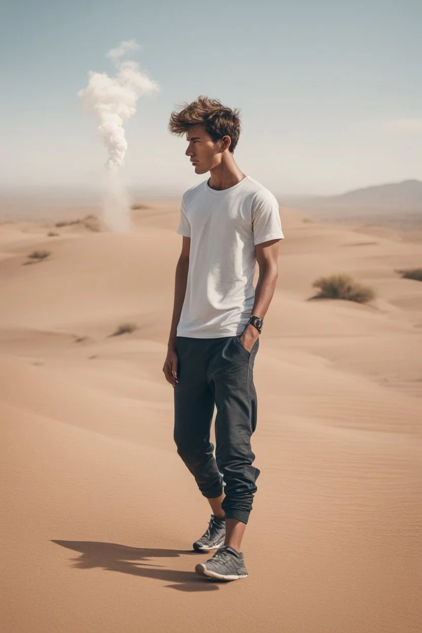 A 25-year-old boy in a men's sports t-shirt is walking in the desert thinking with his head down, smoking a cigarette, and possessing the power of a god