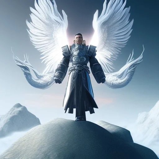 The first image is of the main character's full body. He’s to look like a powerful angel, symbols on his hands glowing, His background should be that of space above with stars and standing on a paradise of a planet. His belt can transform into a white dragon.