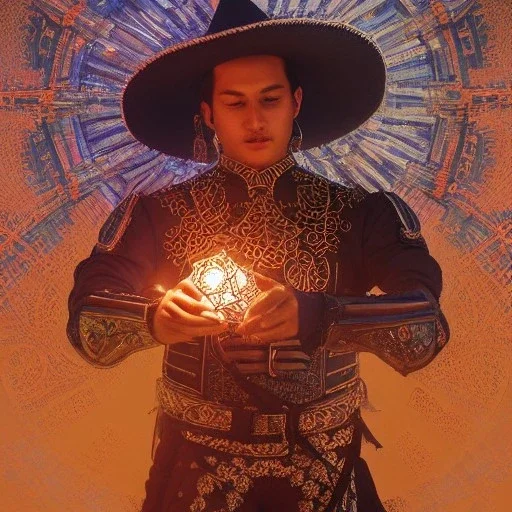 Insanely detailed photograph of an “male mariachi warrior holding glowing D20” with intricate detailed Sombrero, intricate charo, hyperdetailed painting by Ismail Inceoglu Huang Guangjian and Dan Witz CGSociety ZBrush Central fantasy art album cover art,8K, hdr, mysterious, flickeringlights ,Stoic