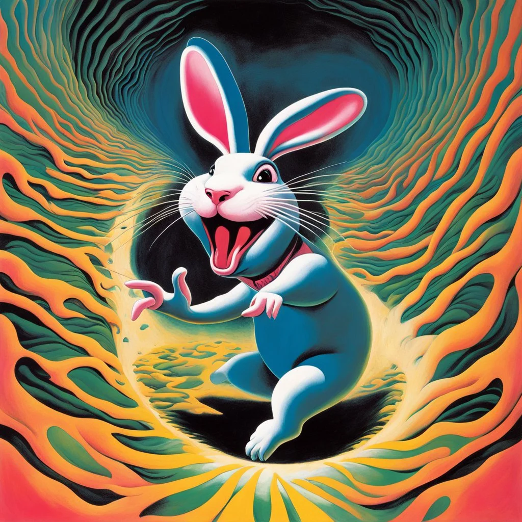 breathe in the air run rabbit run dig that hole forget the sun, sinister cartoon rabbit with gaping open mouth that leads into a swirling abyss, hipgnosis studio album cover for Pink Floyd, psychedelia, by Alex Ross and Gerald Scarfe, psychedelic colors, mindbending surrealism.