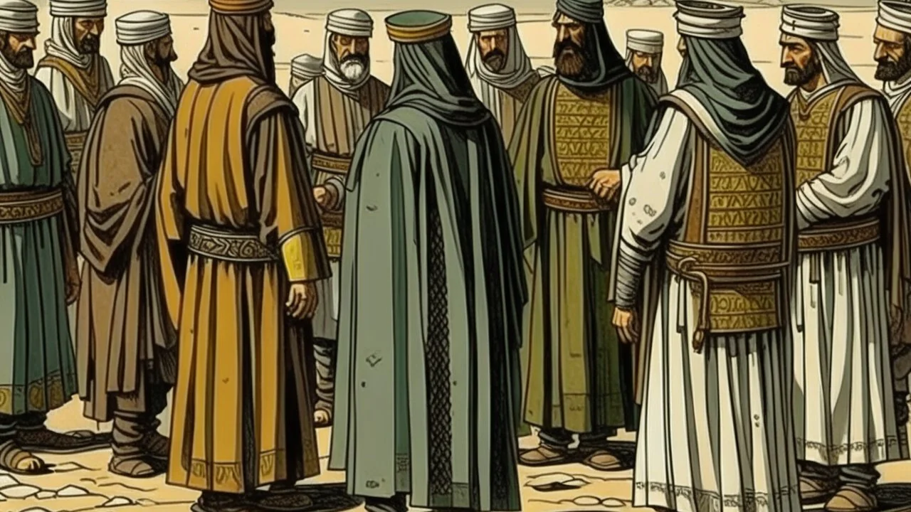 Rear view in 1490 of Andalusian men gathered around a commander in old Arab dress