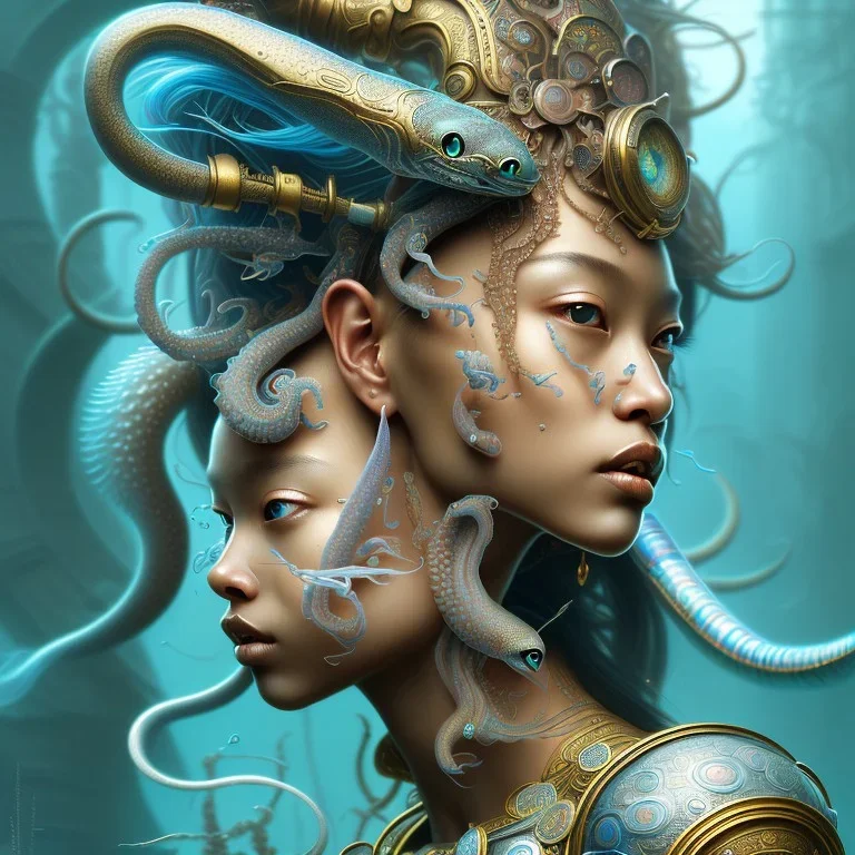 Sango fantasy, fantasy magic, intricate, sharp focus, illustration, highly detailed, digital painting, concept art, matte, art germ and Paul Lewin and Kehinde Wiley, masterpiece Japanese dancer head bronze squid' Asian African girl nice breast Thai hair turquoise silver blue under water