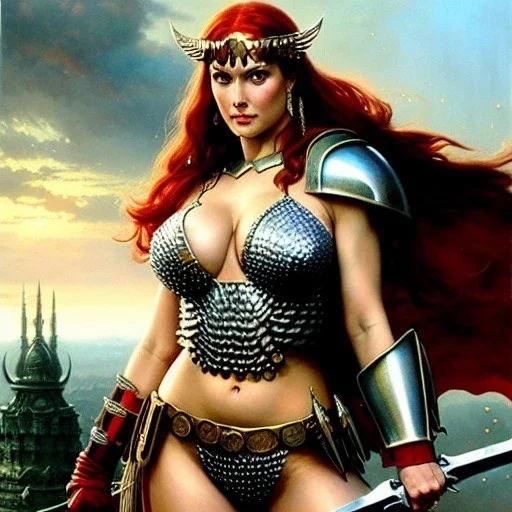 fullbody portrait 'beautiful sexy busty mature Redsonja',wearing minimal ancient metal armor,hyperrealistic skin,Hyperrealistic Big eyes,painting by gaston bussiere, greg rutkowski, yoji shinkawa, yoshitaka amano, tsutomu nihei, donato giancola, tim hildebrandt, oil on canvas, cinematic composition,sharp image, extreme detail,((fit full head inside picture)),32k