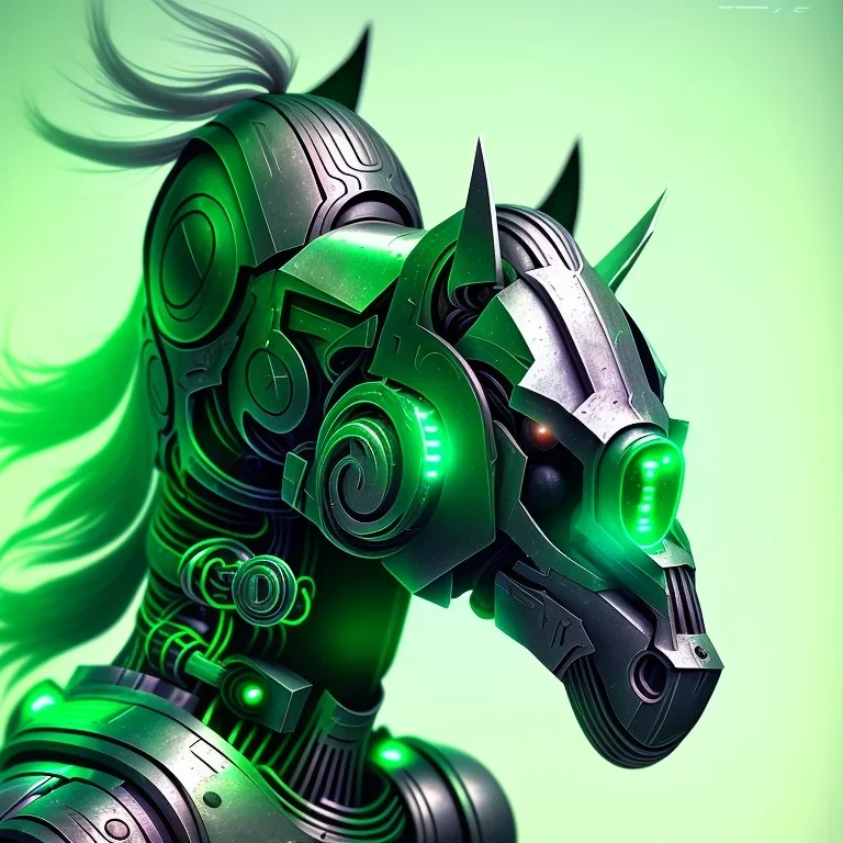 A beautiful portrait of a cyborg horse green color scheme, high key lighting, volumetric light high details psychedelic background