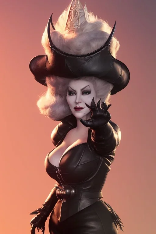 Mae West as evil queen in black leather, leather, busty, cleavage, angry, stern look. character design by cory loftis, fenghua zhong, ryohei hase, ismail inceoglu and ruan jia. unreal engine 5, artistic lighting, highly detailed, photorealistic, fantasy