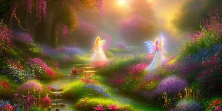 bright fairy, beautiful portrait, flowery landscape