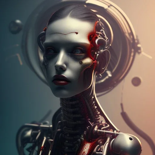 a girl with a cyborg brain and a lot of red liquid, steam punk, scary, horror, realistic, made in octane, cinematic, ultra-realistic, extremely detailed octane rendering, 8K, VRAY Super Real ar 2:3, dof photorealistic futuristic 50mm lens hard lighting dark gray tintype photograph, realistic lighting, sephia colors