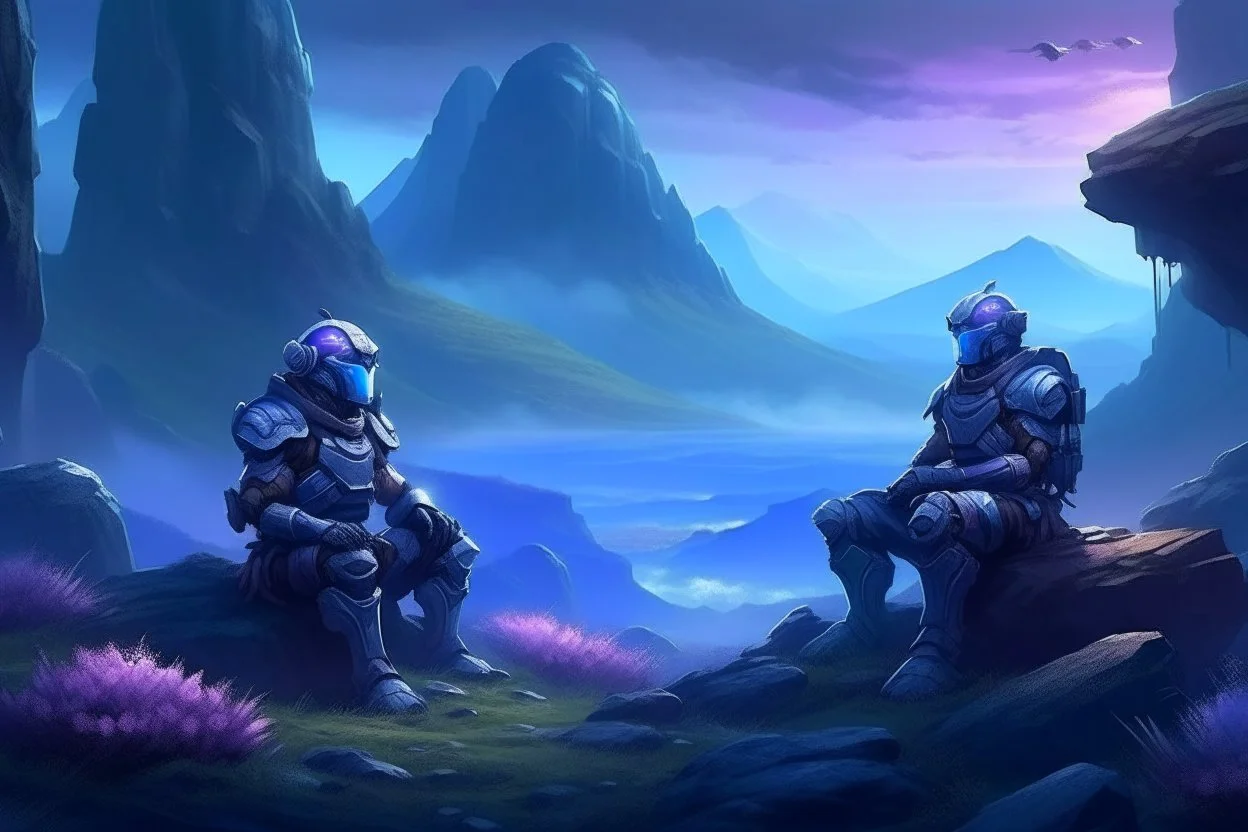 two medieval soldiers in armor sitting near rocks while looking at distant mountains with purple and blue distant mist and glowing mushrooms and plants around the soldiers