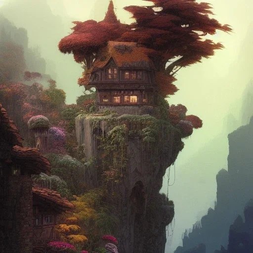 Chalet on bridges between chasm mountains cliff+detailed facades+beautiful,richly detailed houses,trees,ornamental flowers +uphill road+biopunk+Book illustration by Gediminas Pranckevičius, Jean Baptiste Monge, Brian Kesinger, Anton fadeev, strong lines, high contrast vibrant colors, highly detailed, 16k resolution