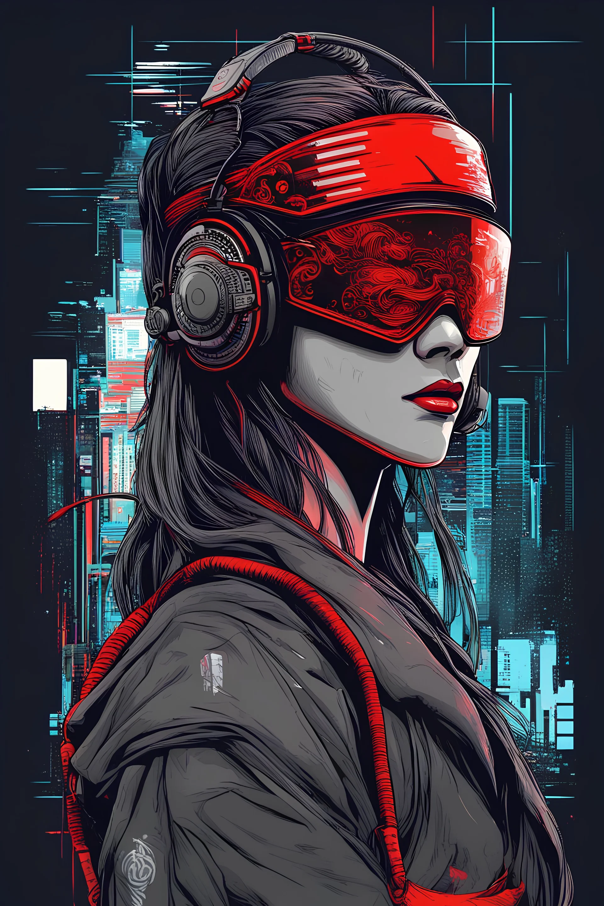 vector t-shirt design ready to print, cyberpunk, illustration profile of red led female samurai in a mask, wearing over head headphones staring down, side view looking to the right, tokyo Japanese background, pro vector, high detail, vibrant, Japanese hologram symbols, barcode design