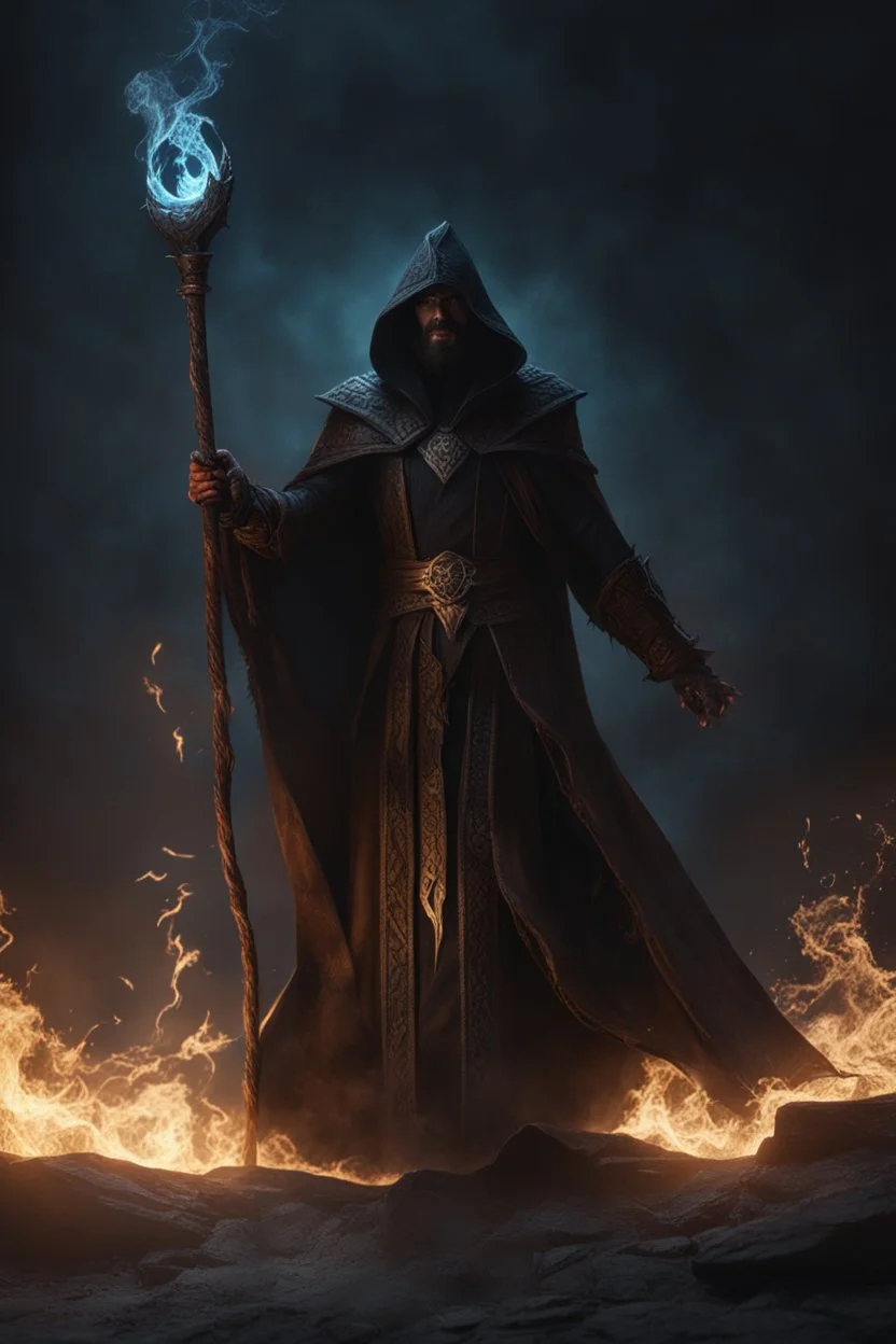 the cruel sorcerer known as The Shadow of Death using the staff of destruction to kill the world. fantasy art, Cinematic lighting, Volumetric lighting, Epic composition, octane render