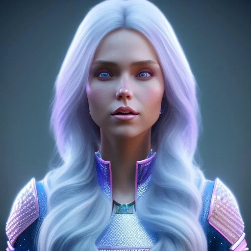 A portrait of a full body crystalised blue pink queen,smiling face, blue eyes, long blond hair, atmospheric, realistic, unreal engine, lighting