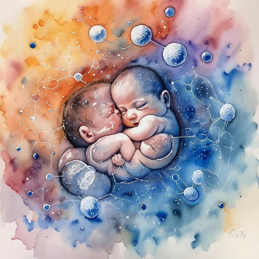 Inspiration from Nomeradona On Playground Life begins. Quantum Serenity: A watercolor depiction of the conception of a baby, illustrating the interplay of microscopic quantum particles and DNA at the molecular level, embodying calmness in action.”