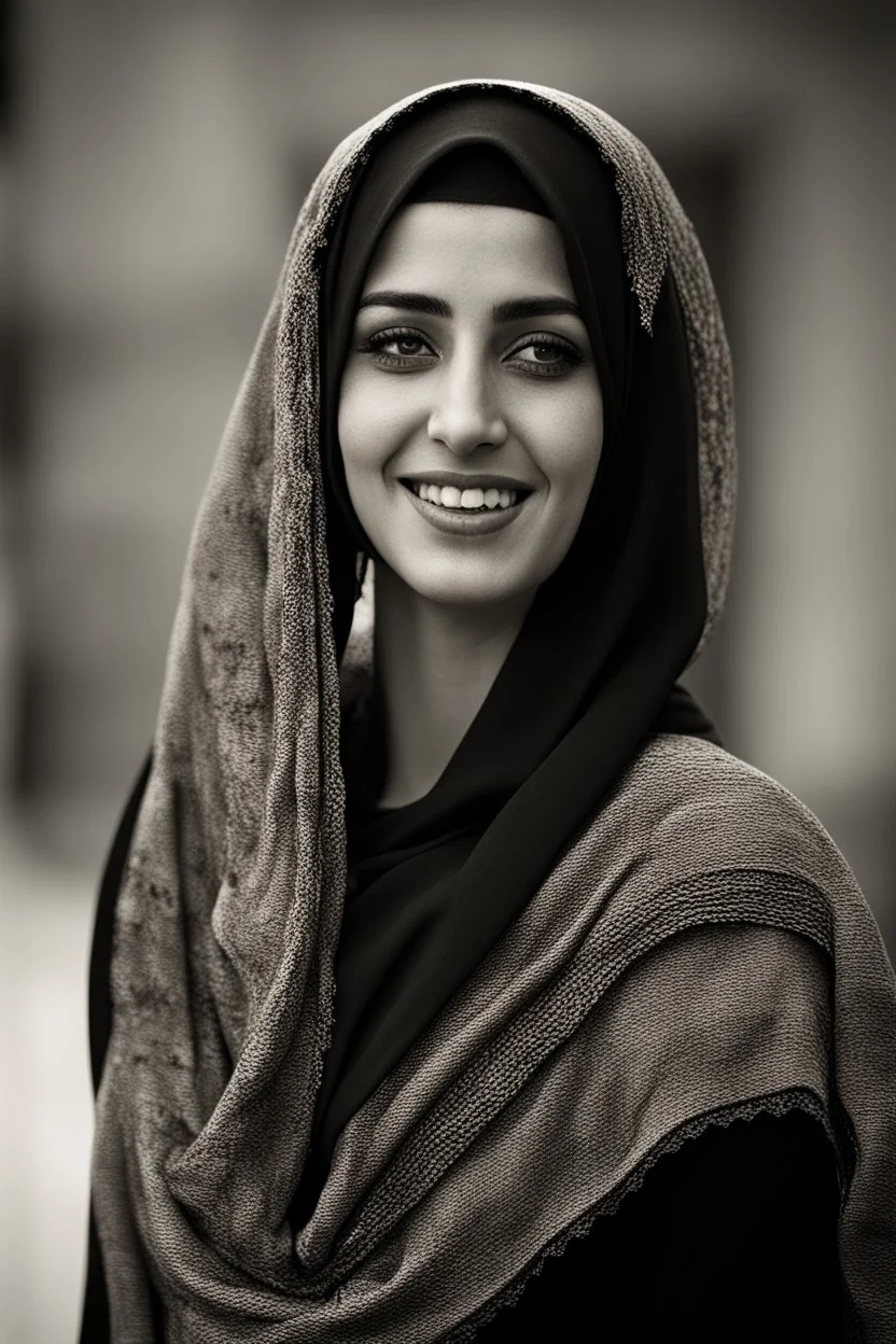 Palestinian woman with beautiful face turning her face slightly to the left and a beautiful smile and her mouth closed