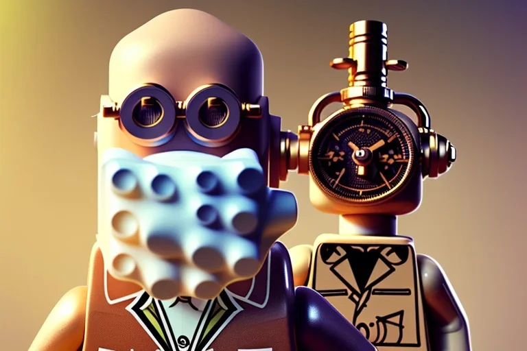 portrait of a bald and shaved Atul Bhardwaj building lego, steampunk, brown eyes, no facial hair, steampunk, unreal 5, octane render, cinema4d, dynamic lighting, soft lighting, 4k, redshift render, highly detailed, hyper realistic