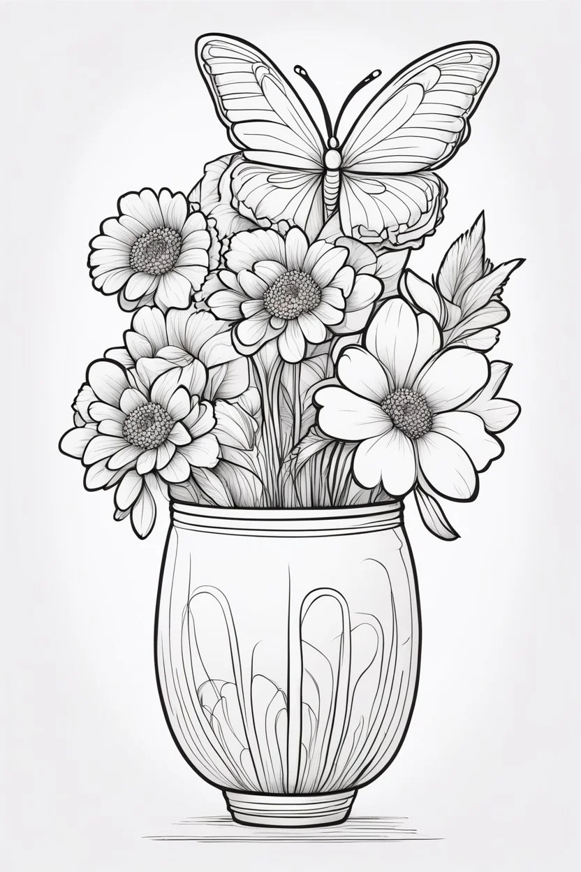 outline art for cute flower in vase with butterfly coloring pages with which, White background. sketch style, clean line art, white background, no shadow and clear