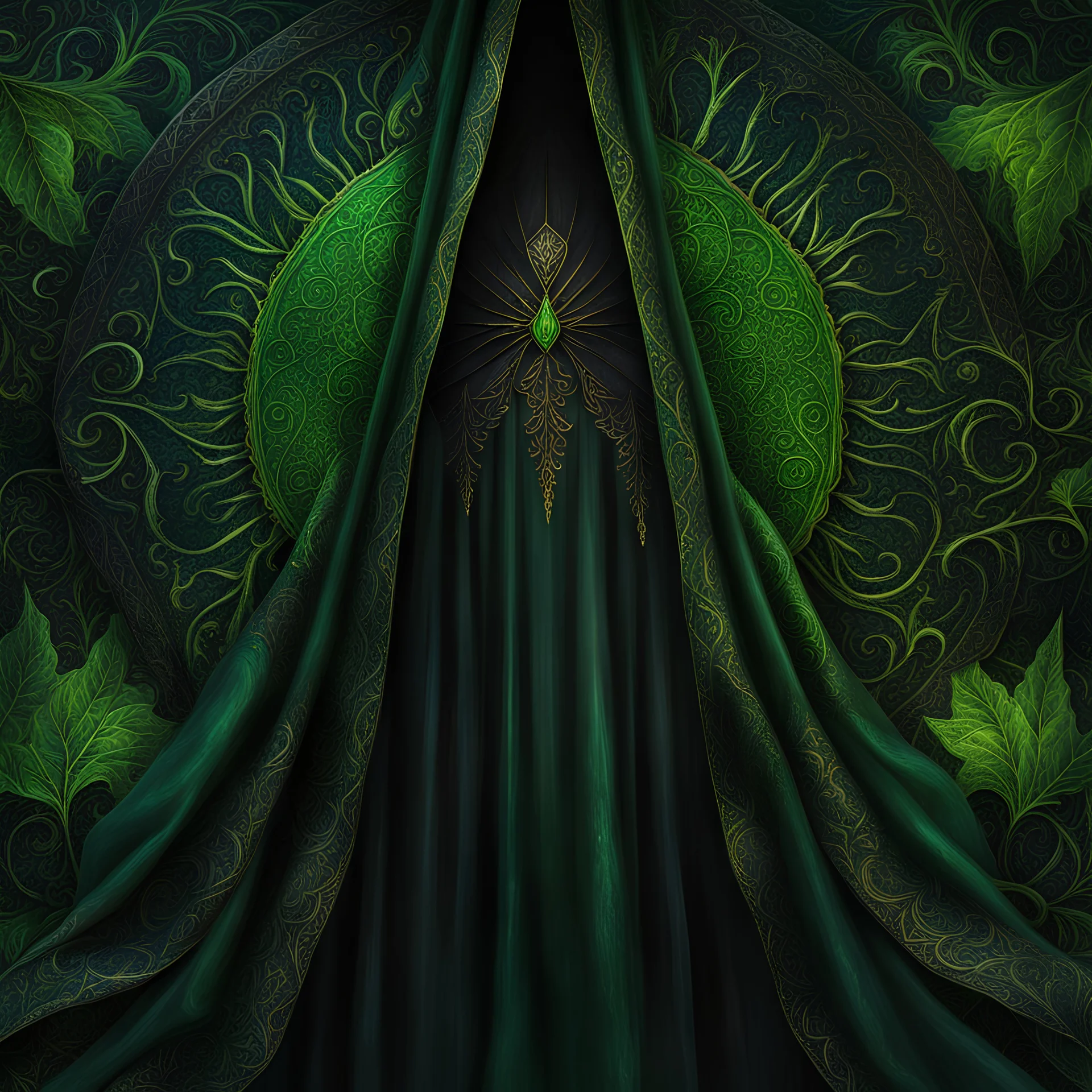 Closeup of an old, dark, invisibility cloak used for black magic. Poison-Green details. Evil. Dark. Black magic. No detailed background.Magical. Epic. Dramatic, highly detailed, digital painting, masterpiece