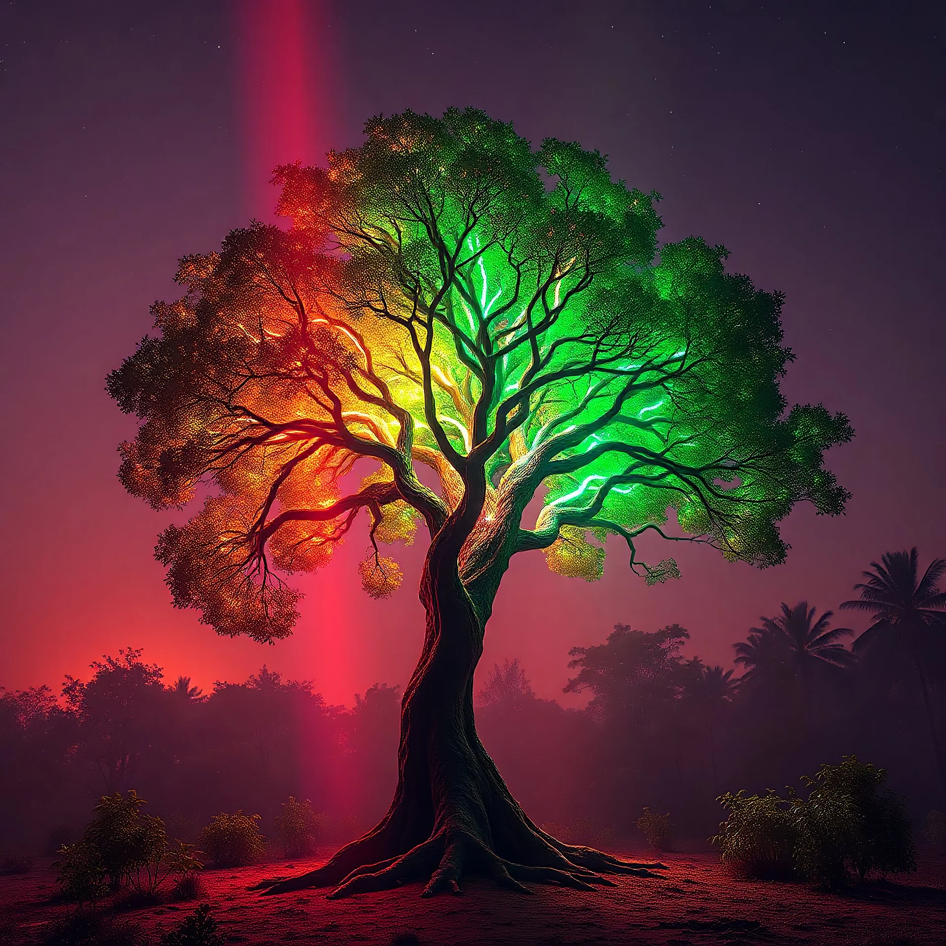 created an image of an extraterrestrial marijoana tree, hyperrealistic, ultra HD, in 8K, The tree is rare and extraña, no one sees what you see in the tree, Tiene rare colors that mix fluorescence and bioluminescence, in all the paleta of colors, its extra colors, its tall filaments of pilosos that parecen cobrar vida. The tree creates an alien forest, illuminated by a warm ray of light. Destaca the extraterrestrial environment and the hojas de la hierba.Style: Hi