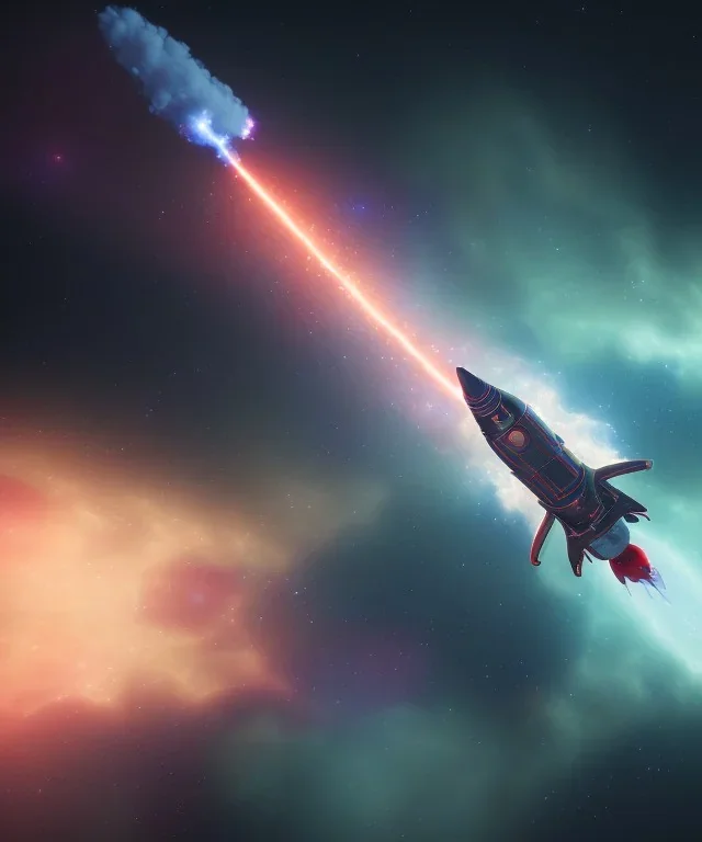 beautiful rocket flying through nebula, far shot, 8k, realistic