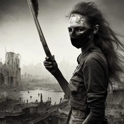 women, faces covered in black masks, ragged clothes, holding flag, war-torn, destroyed city in the background, 8k resolution, hyperrealistic, detailed matte painting, b&w, dynamic lighting, war, anarchy, terrorists, sepia