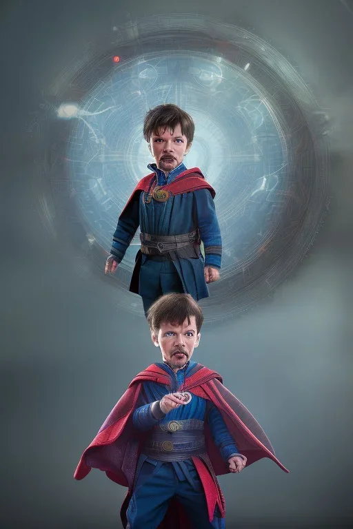 Doctor strange toddler, serious, portal, full body, jump, bokeh, hyper realistic