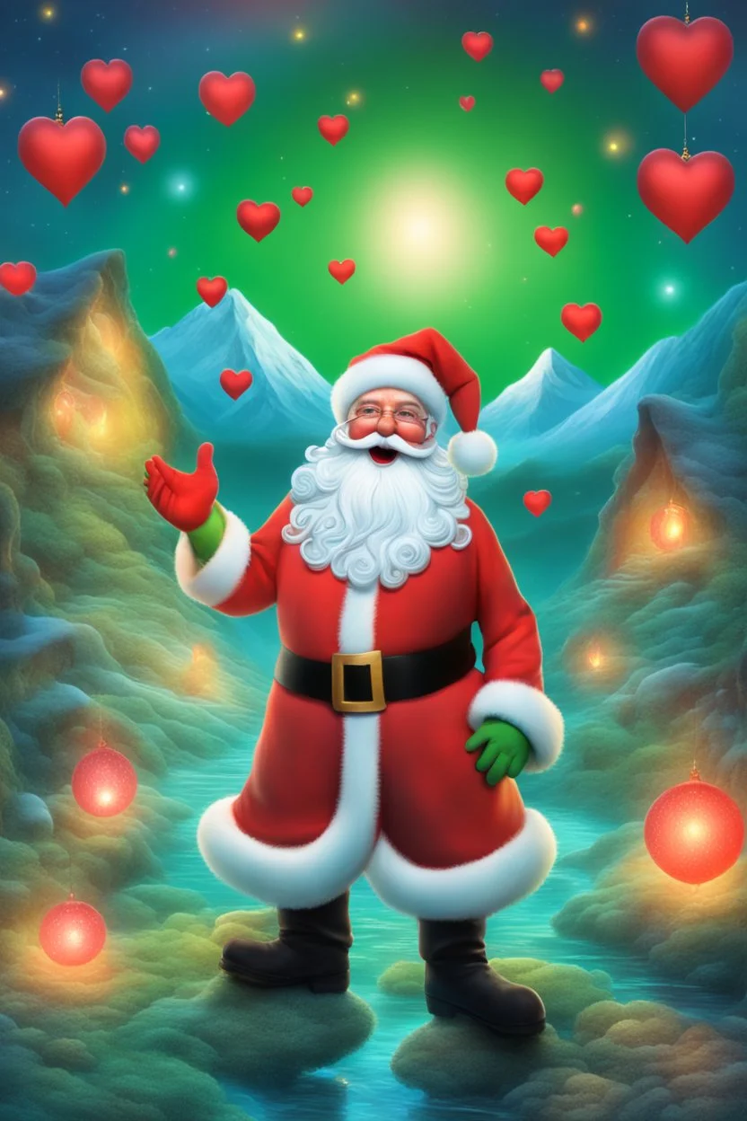 Christmas Themed -- Multicolored 3D Bubbles, multicolored, Floating 3D hearts with an electrical current, fog, clouds, somber, ghostly mountain peaks, a flowing river of volcanic Lava, fireflies, a close-up, portrait of an Green Alien Santa Claus, smiling a big bright happy smile, wearing a red leather jacket, red leather pants, black boots, red baseball cap with the words MERRY CHRISTMAS on it, Ray-Ban Wayfarer sunglasses, in the art style of Boris Vallejo